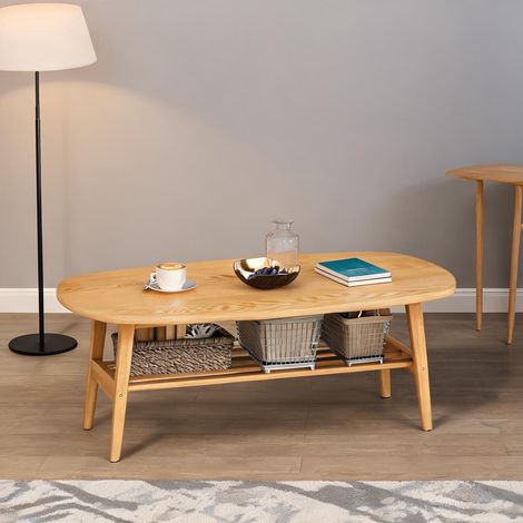 Table basse en bois naturel avec étagère 120 x 60 x 42 cm (1/5)