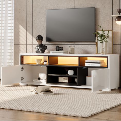 Meuble TV LED 150 x 35 x 50 cm, avec rangement, finition brillante, blanc et noir HAVRYA (1/5)