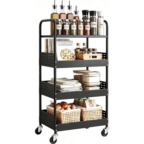 Chariot à 4 Niveaux, Chariot de Stockage en métal sur Roues,Noir Chariot de rangement lourd à roues verrouillables. Pour cuisine, chambre, buanderie. Idéal livres, légumes, collations. (1/5)