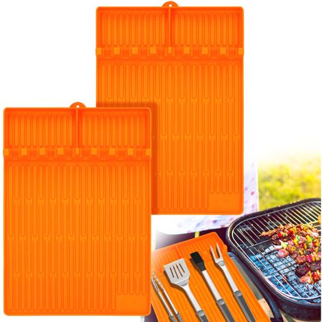 SJLERST 2 Pièces Tapis de Cuisson Barbecue 40 30 cm, Ustensiles Barbecue Compatible avec Grille à Gaz, Tapis de Spatule en Silicone Tapis d’Etagère Latérale pour BBQ Grills Comptoirs (Orange - Mince) (1/5)