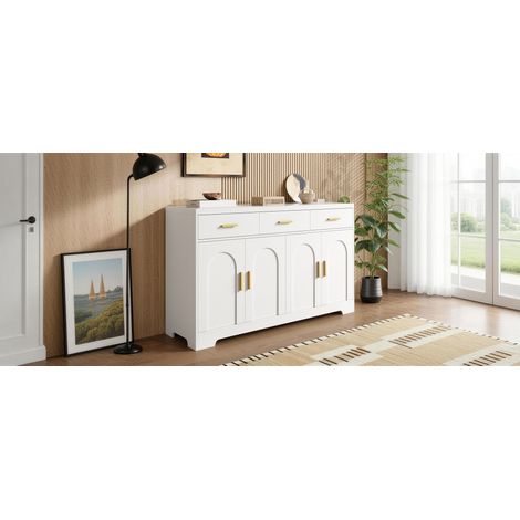 Buffet blanc pour salon, armoire avec 4 portes cintrées, 3 tiroirs, étagères réglables en hauteur, corps en MDF, poignées métal doré (1/5)