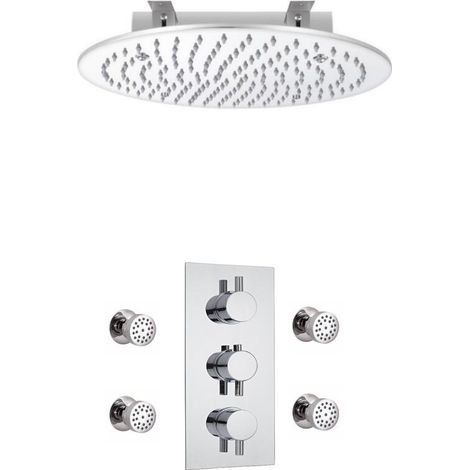Milano Mirage 2 Outlet Triple Thermostatic Mixer Shower Valve with 400mm Ceiling Mounted Round Recessed Rainfall Shower Head and Body Jets - Chrome (1/5)