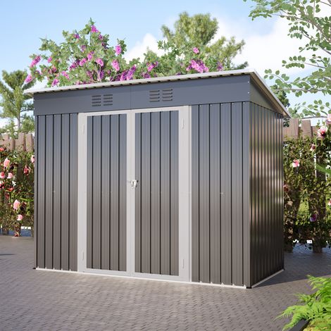 Abri de jardin métallique gris 8 x 4 ft toit monopente 242 x 126 x 182 cm, remise adossée avec porte verrouillable, 2 grilles d’aération et cadre de sol pour terrasse, cour et jardin (1/5)