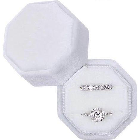 Boîte à bijoux en velours pour bagues de fiançailles et de mariage, boîte à souvenirs, boîte photo pour bague de mariée, double emplacement, octogonale (blanche) (1/4)
