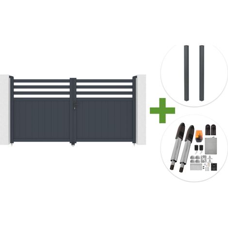Portail battant 3m NEVIS H.160cm aluminium gris + 2 poteaux ELDA aluminium gris 15x15cm + motorisation Tanker B700 (1/5)