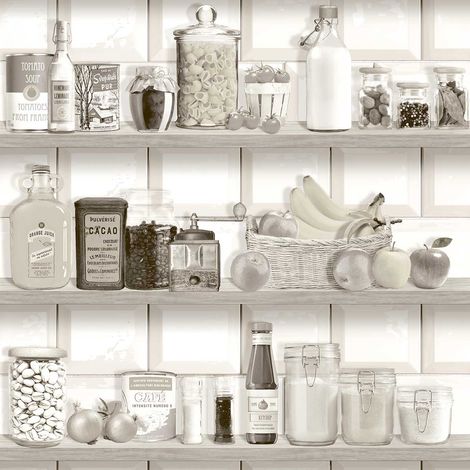 Papier peint étagère cuisine vintage sépia blanc (1/2)