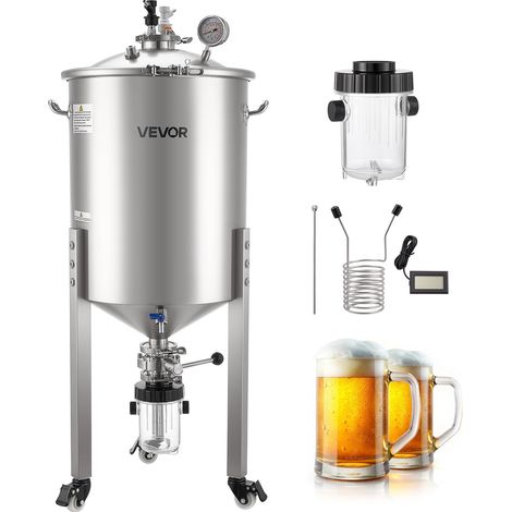 VEVOR Serbatoio di Fermentazione Conico per Produzione di Birra in Acciaio Inox da 60 Litri, Bollitore con Fondo Conico 3 Ruote, Botte di Fermentazione per Vino e Birra (1/5)