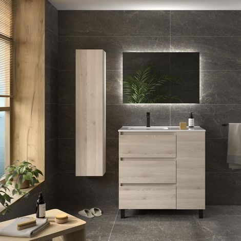 Mueble de Baño BEQUIA PLUS 3C 90cm Natural Lavabo Porcelana grifo izquierda (1/5)