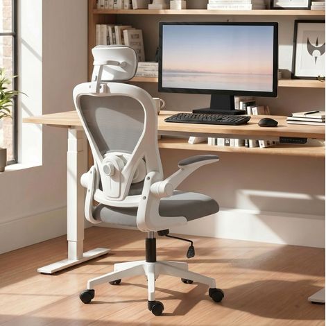 Sedia da ufficio ergonomica con braccioli ribaltabili e supporto lombare regolabile grigia MODENUIT (1/2)