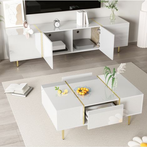 mobile tv 170 cm bianco lucido con tavolino da salotto HAVRYA (1/5)