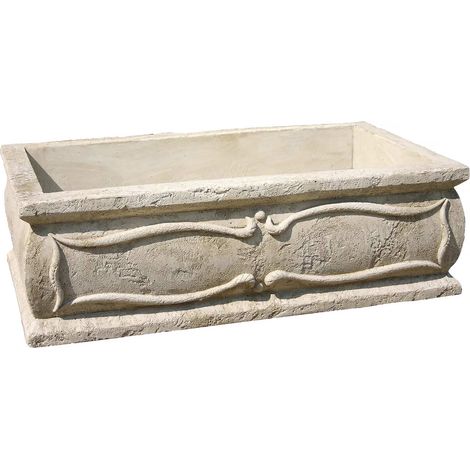 Habitat Et Jardin – Jardinière rectangulaire en pierre reconstituée 50 x 100 x 30 cm – Résistante au gel – Décorations en reliefs – Beige (1/2)