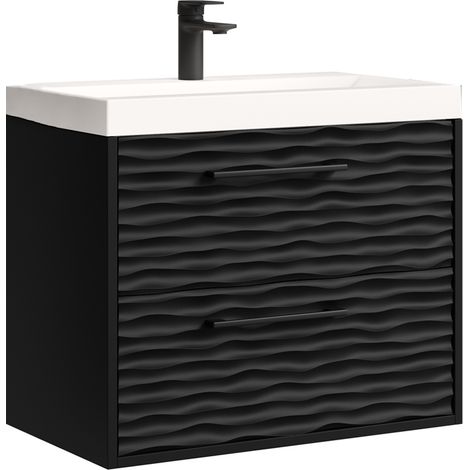 Badplaats – Meuble de salle de bain suspendu 60 cm – 2 tiroirs avec façade ondulée – Vasque en résine synthétique incluse – Noir mat (1/5)
