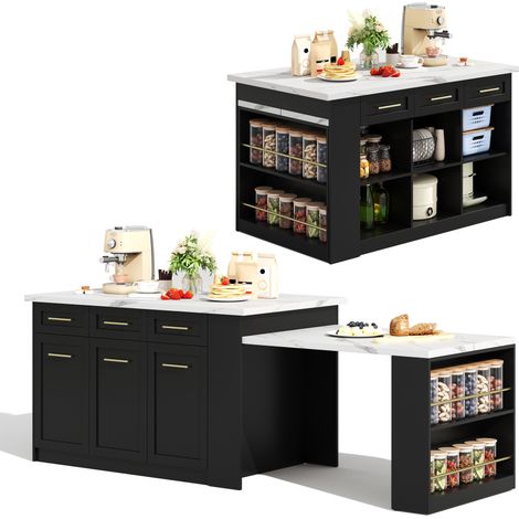 Îlot Central de Cuisine Multifonction 150cm avec Table à Manger Extensible 96cm, Plateau Effet Marbre Blanc et Rangements Noirs (1/5)