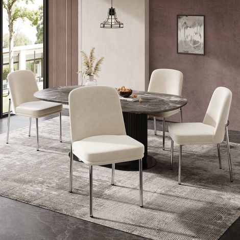 Lot de 4 chaises de salle à manger en velours beige, assise épaisse rembourrée, structure en métal finition argentée, 42,5x53x82 cm, charge 150 kg (1/5)