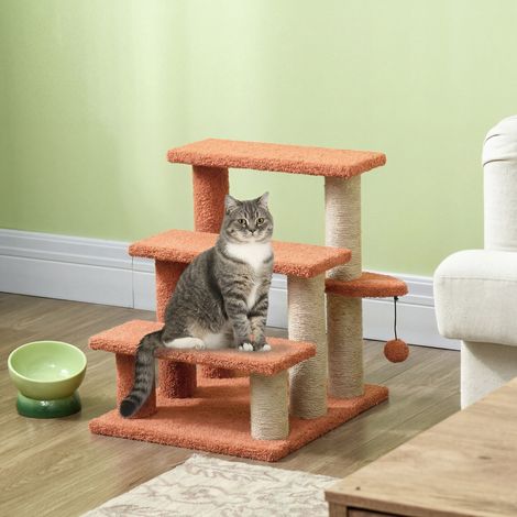 Kratzbaum, Haustiertreppe, 3 Stufen, Spielball, bis 5 kg, 45x40x48cm, Braun