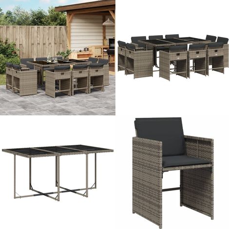11-tlg. Garten-Essgruppe mit Kissen Grau Poly Rattan - Gartengestell - Gartenmöbelset - Outdoor Möbel - Terrassenmöbel - Esstisch - Home & Living (1/5)