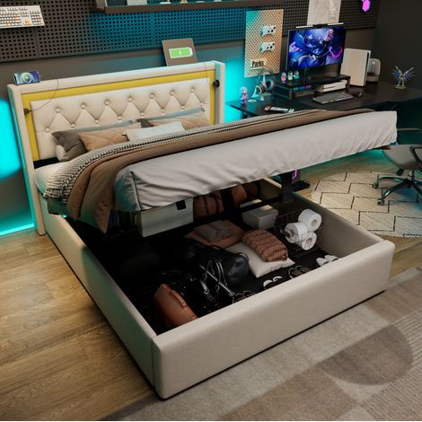 Cama tapizada moderna 140x200 cm beige con cabecero bicolor, LED, USB-C, arcón y somier de láminas (1/5)