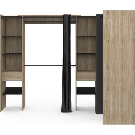 Idmarket – Dressing extensible d'angle 230 x 140 x 180 cm – Bois hêtre et noir – 4 penderies, 12 étagères, 3 tiroirs – Rideaux noirs inclus — vue 3