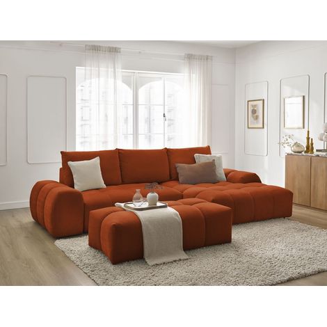 BOBOCHIC - Canapé d'angle convertible coffre EVEREST tissu texturé avec pouf Angle droit Orange (1/5)
