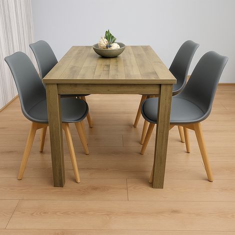 Dining Table and 4 Chairs Rustic Effect Wood Table 4 Grey Plastic Leather Chairs Dining Room (1/5)