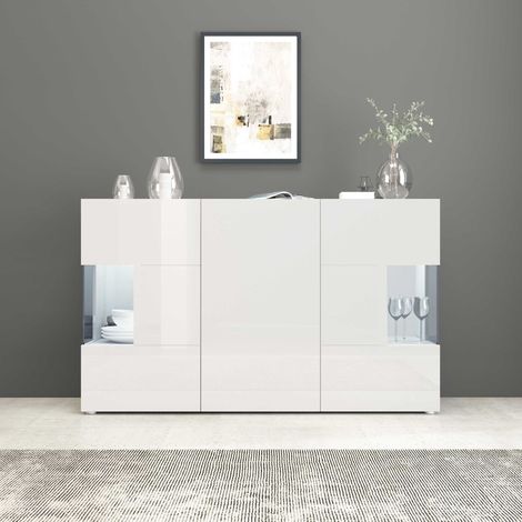 WHOUS Credenza Egypt a 3 ante con inserti in vetro espositivi bianco lucido 135x40x80 cm