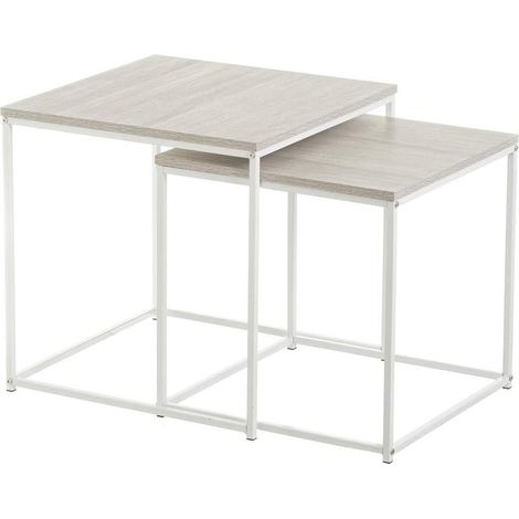 Set de 2 Tables Basses Gigognes Bois MDF Blanchi et Métal Blanc (1/5)