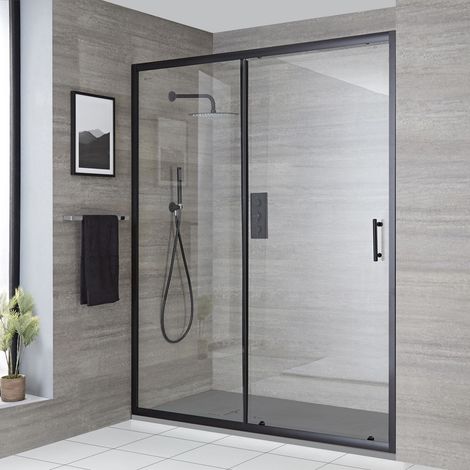 Milano Nero Black Reversible Walk In Wet Room Sliding Door Shower Enclosure with Light Grey Slate Effect Tray and Fast Flow Waste - 1400mm x 900mm (1/5)