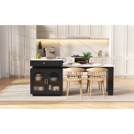 Table extensible de cuisine 128-200 x 71 x 92 cm, LED, USB/Type-C, noire HAVRYA (1/5)