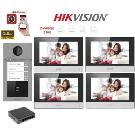KIT Videocitofono quadrifamiliare IP Poe Hikvision 4 monitor 7 WIFI smart telecamera 2 mpx