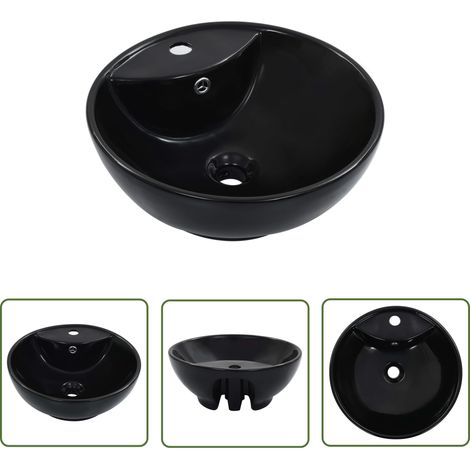 The Living Store Lavabo avec trop-plein 46,5 x 18 cm Céramique Noir - Lavabo Rond - Lavabo Céramique - Lavabo Salle De Bain - Lavabo Noir - Meuble Salle De Bain (1/5)