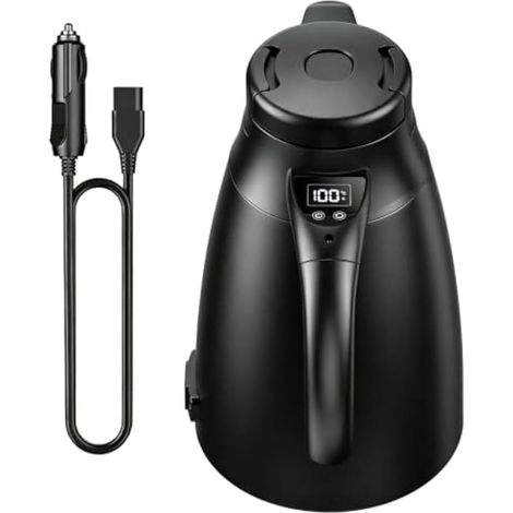 Bouilloire, Bouilloire de Voyage Acier Onoxydable 12V/24V pour Voiture 1,2L Thermos électrique Portable avec Adaptateur Allume-Cigare pour Eau Chaude Café Thé, Voiture Camion Voyages et Camping (1/5)