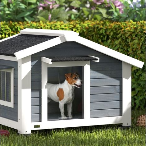 Caseta exterior de madera para perro con techo asfáltico, ventana abatible, gris (1/5)
