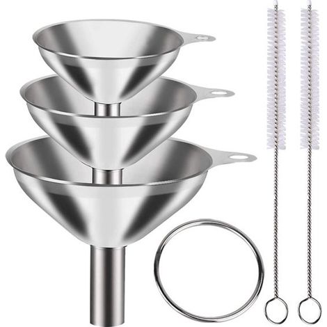 Entonnoir en acier inoxydable - Ø : 7,5 cm/5,5 cm/4,5 cm - Lot de 3 - Accessoires de cuisine - Avec 2 goupillons - Idéal pour le camping - Petit format - Pour liquides - Facile à ranger (1/5)