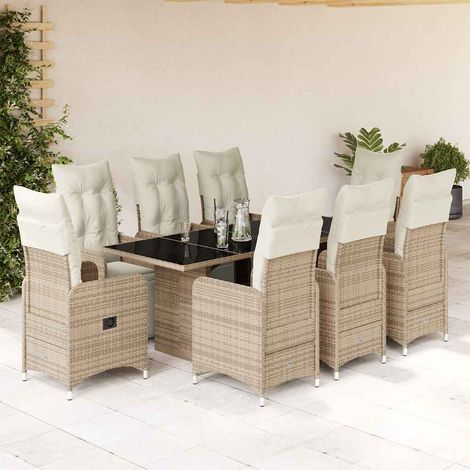 Set de mesa y sillas jardín 9 piezas y cojines ratán PE marrón