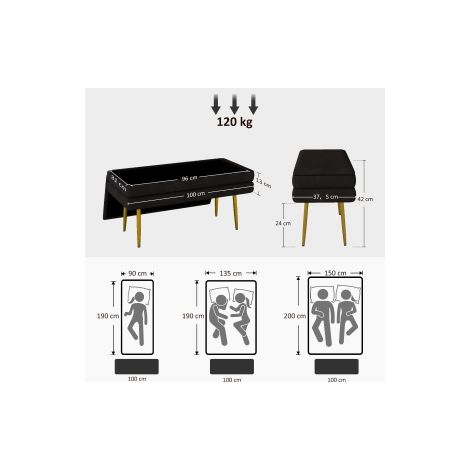 Banc coffre noir effet velours avec rangement et assise rembourrée, pieds en acier, pour salon, chambre et entrée (1/5)