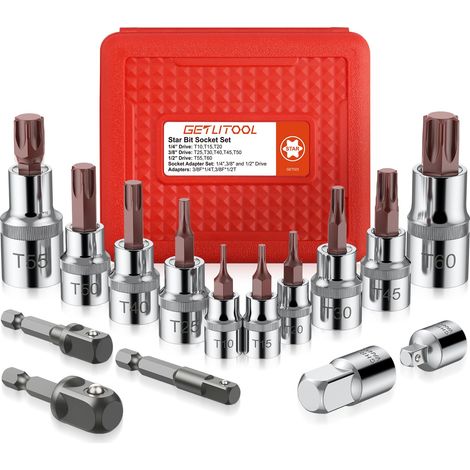 15PCS Jeu de Embouts Torx Douilles T10-T60 (1/4",3/8",1/2") (1/5)
