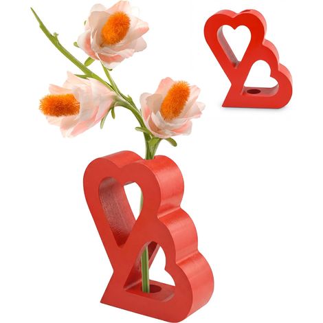 Vase en bois pour fleurs – Double cœur puzzle en bois Vase pour bouquet de fleurs Vase pour fleurs, roses, fleurs de cerisier, tournesols, tulipes, fleurs artificielles, fleurs séchées (1/5)