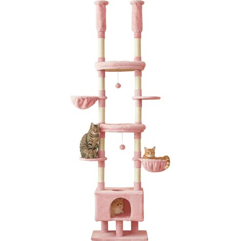 Arbre à chat rose avec griffoir, hauteur réglable de 235 à 258 cm, maison d'escalade et de jeu à 7 étages avec griffoir, panier de couchage confortable et hamacs pour chats d'appartement (1/5)