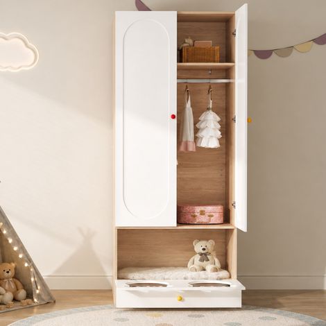 Armoire 2 portes enfant, meuble chambre kid avec penderie et tiroirs, finition laquée, dimensions 80x50x200 cm, style bicolore blanc et bois. (1/5)