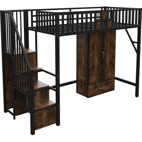 Letto a soppalco in metallo 90 x 200 cm con armadio, cassetti e scala, nero (1/5)