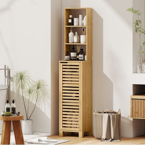 Badezimmerschrank schmal mit Lamellentuer 34x30x170 Bambus OKMYHOME (1/3)