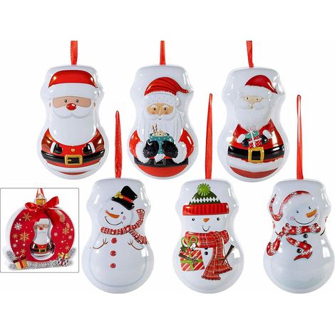 Palline di Natale a scatola in metallo da appendere, in confezione regalo sagomata, set da 6 pezzi, cm 7 x 5 x 11 H