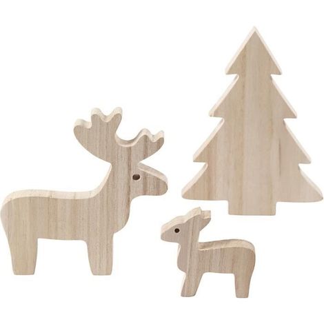 Faon, cerf et sapin de Noël taillés en bois. Les figurines ont une face antérieure et une face postérieure plates et peuvent tenir (1/3)