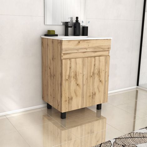 Mobile Bagno 60cm 2 AnteRovere Naturale + Lavabo Ceramica Bianca - TIMBER 60 (1/5)