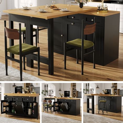 Îlot de cuisine extensible,Desserte cuisine avec roulettesTable de bar extensible avec rangement,Table à manger pliable avec tiroir et étagère d'appoint,Support pour poubelle coulissant,Noir