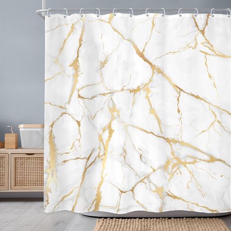 Rideau de Douche en marbre Abstrait doré et Blanc, 183 x 183 cm (l x H), Motif Ligne craquelée, Texture géométrique, esthétique, Ensemble Unique et imperméable, Accessoires de décoration de (1/5)
