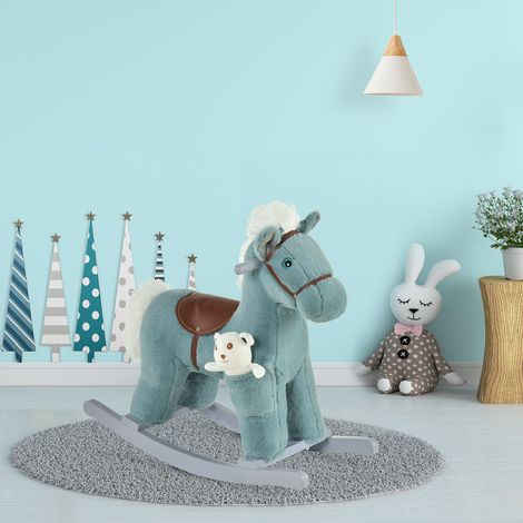 Cheval à bascule pour enfants en peluche et bois avec sons et ours en peluche inclus - 65x26x55cm - pour les enfants de 18 à 36 mois - bleu