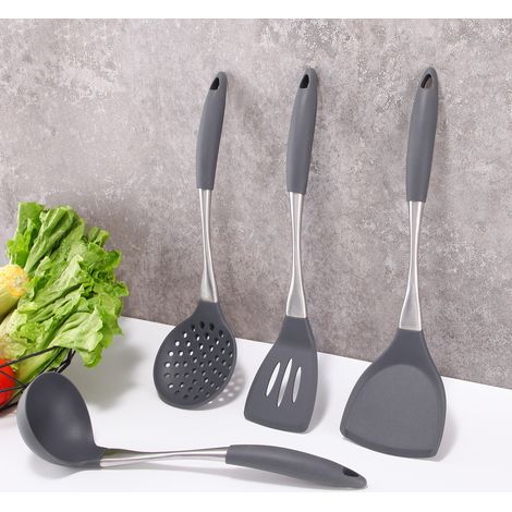 Küchenhelfer-Set aus Silikon mit Edelstahlgriffen – Grauer Pfannenwender, Löffel und Schöpfkellen für antihaftbeschichtete Pfannen – x-x (1/4)