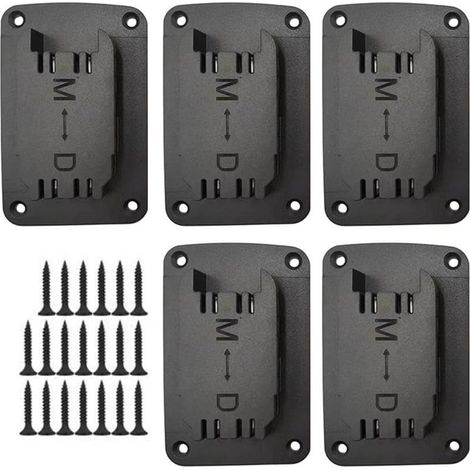 Lot de 5 supports de batterie compatibles avec Dewalt et Milwaukee, supports de batterie, supports muraux, porte-outils, porte-perceuses, avec vis, noir (1/5)