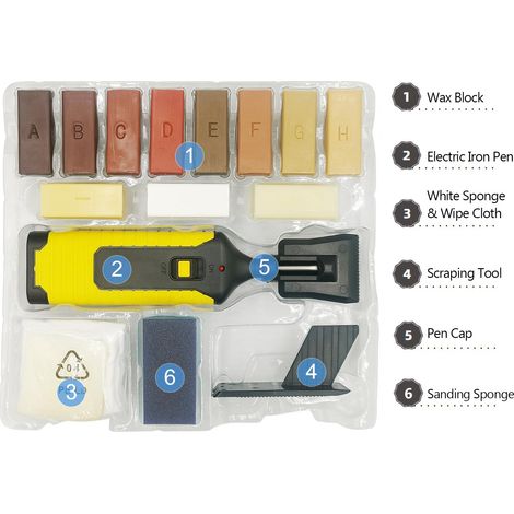 Kit de réparation pour sols et meubles en bois lamifié - Outil multi-usage avec stylo thermique et blocs de wax - Coffret complet 11 teintes pour fissures et rayures (1/5)
